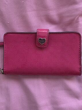 Coach Pink Signature Embossed Wallet with Heart Charm